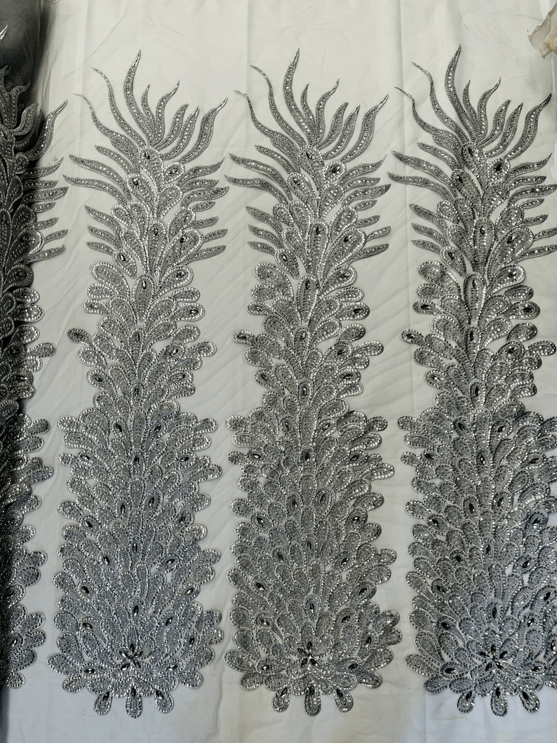 Feather Design Heavy Beaded Embroidery On a Mesh Fabric-Sold By The Panel- Silver