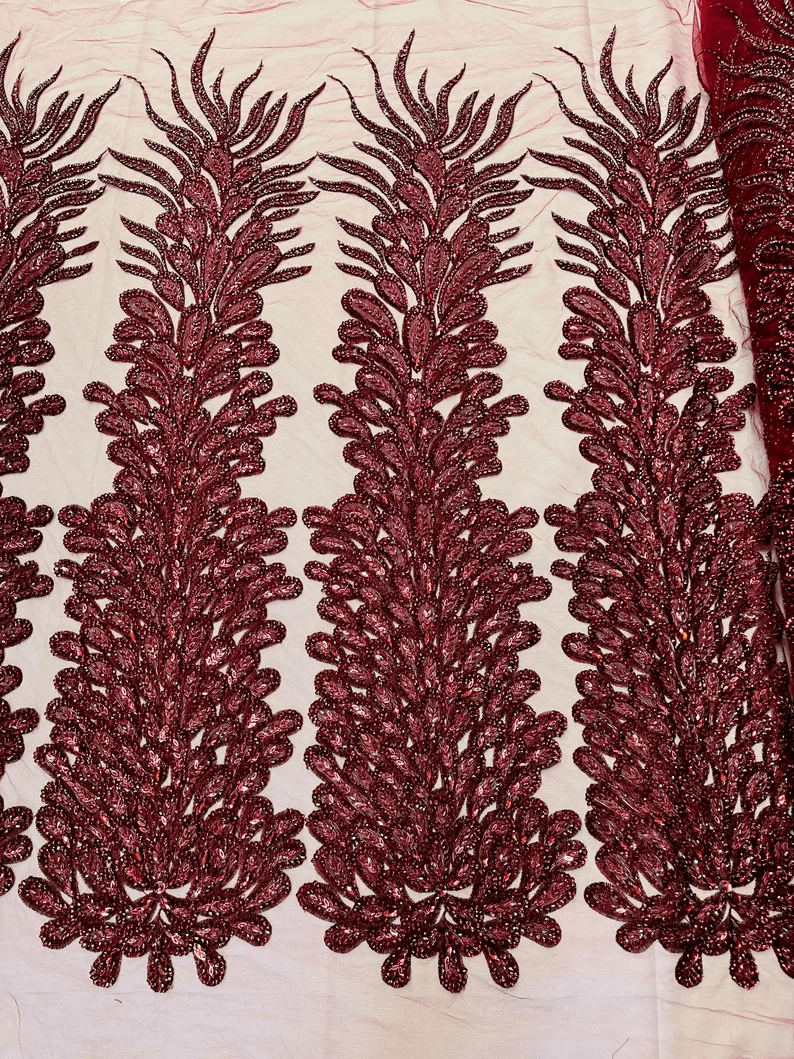 Feather Design Heavy Beaded Embroidery On a Mesh Fabric-Sold By The Panel- Burgundy