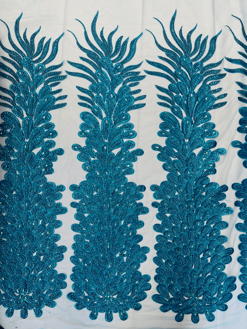 Feather Design Heavy Beaded Embroidery On a Mesh Fabric-Sold By The Panel- Turquoise
