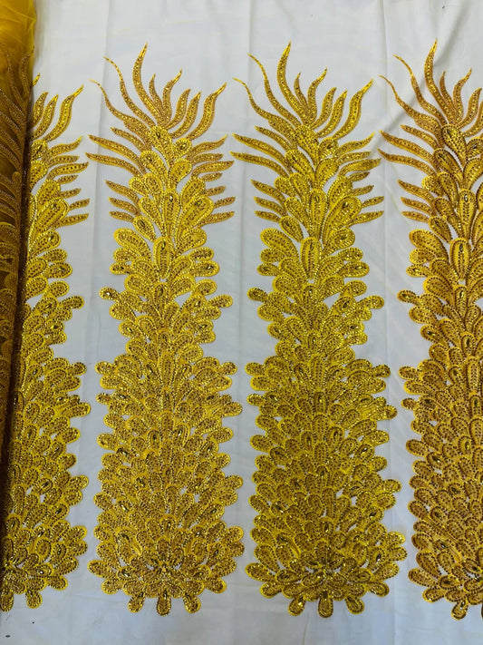 Feather Design Heavy Beaded Embroidery On a Mesh Fabric-Sold By The Panel- Yellow