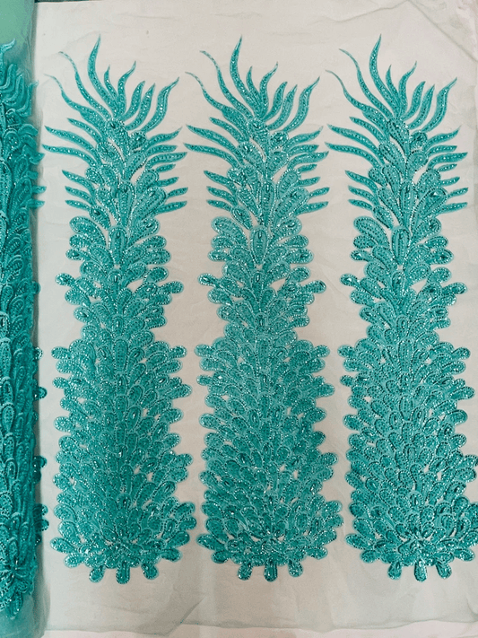 Feather Design Heavy Beaded Embroidery On a Mesh Fabric-Sold By The Panel- Aqua Mint
