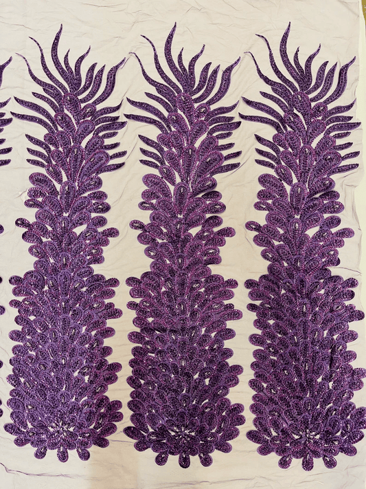 Feather Design Heavy Beaded Embroidery On a Mesh Fabric-Sold By The Panel- Purple