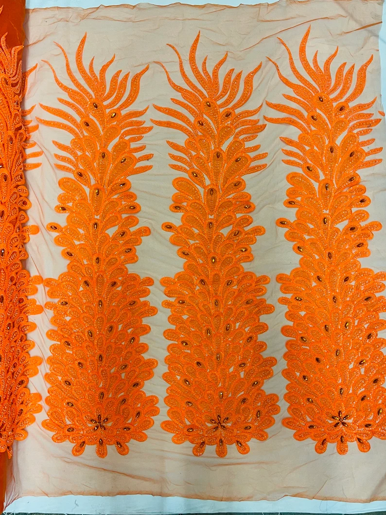 Feather Design Heavy Beaded Embroidery On a Mesh Fabric-Sold By The Panel- Neon Orange