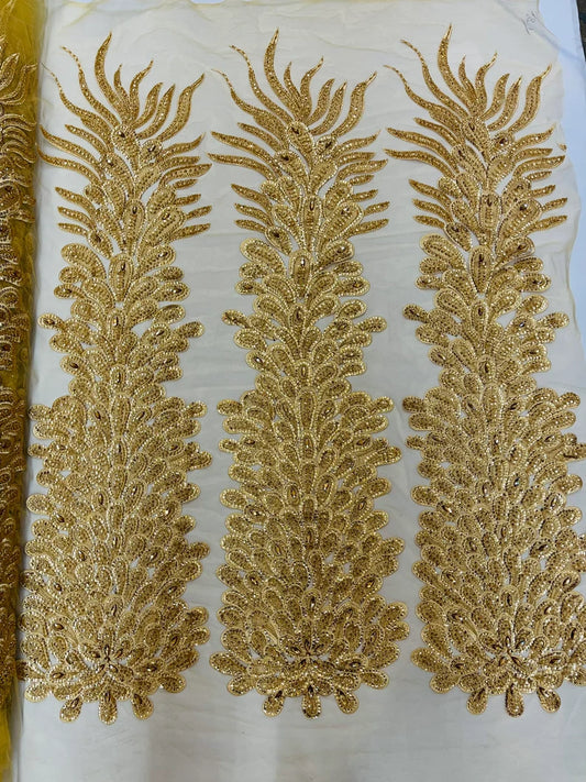 Feather Design Heavy Beaded Embroidery On a Mesh Fabric-Sold By The Panel- Gold