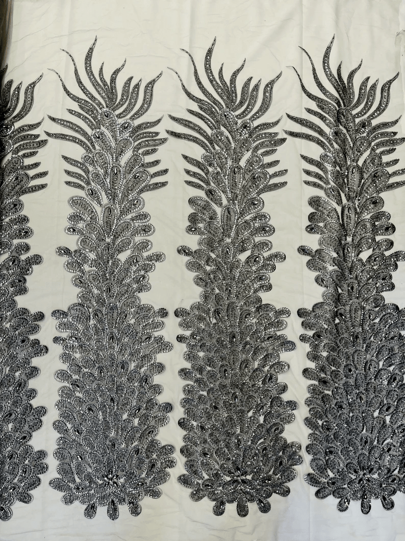 Feather Design Heavy Beaded Embroidery On a Mesh Fabric-Sold By The Panel- Gray