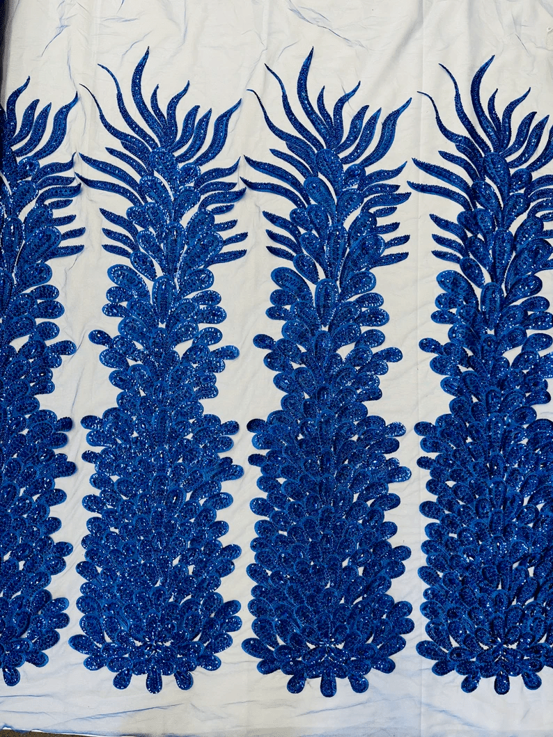 Feather Design Heavy Beaded Embroidery On a Mesh Fabric-Sold By The Panel- Royal Blue