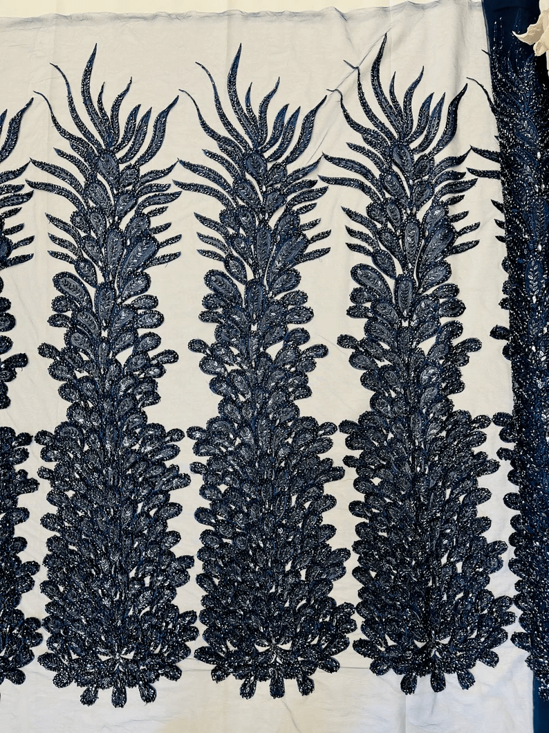 Feather Design Heavy Beaded Embroidery On a Mesh Fabric-Sold By The Panel- Navy Blue