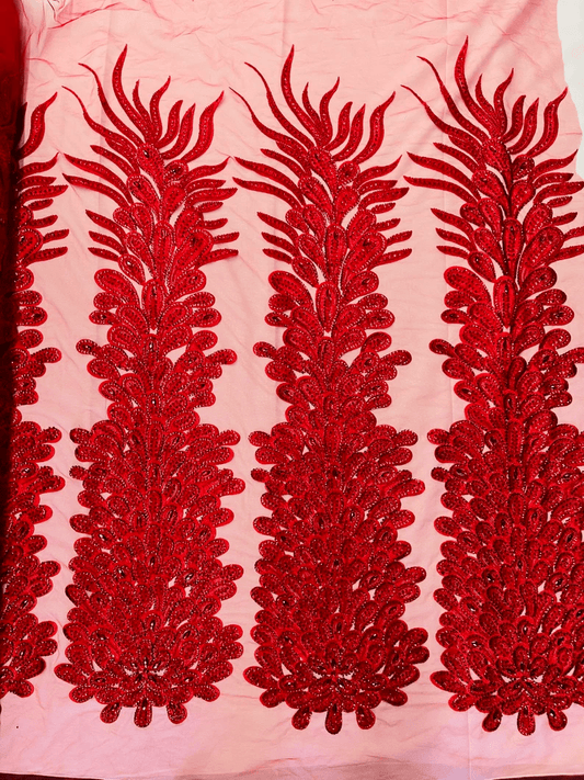 Feather Design Heavy Beaded Embroidery On a Mesh Fabric-Sold By The Panel- Red