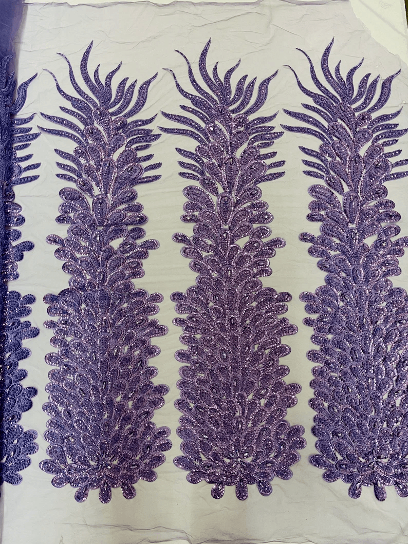 Feather Design Heavy Beaded Embroidery On a Mesh Fabric-Sold By The Panel- Lavender