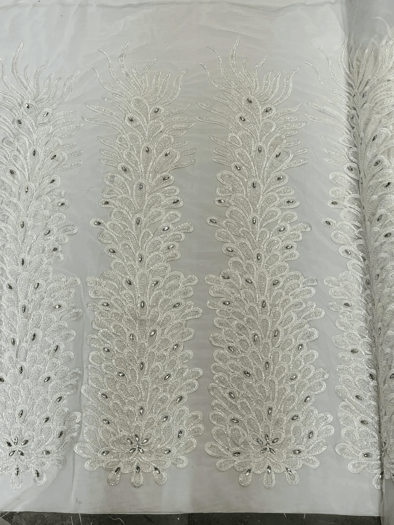 Feather Design Heavy Beaded Embroidery On a Mesh Fabric-Sold By The Panel- White