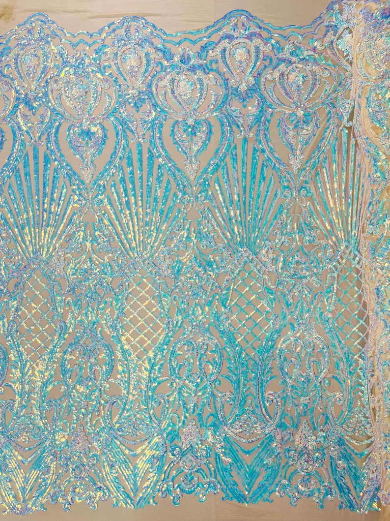 Damask Shiny Sequin Shell Design On a 4 Way Stretch Mesh Fabric -Prom-Sold By The Yard. Aqua Nude Iridescent
