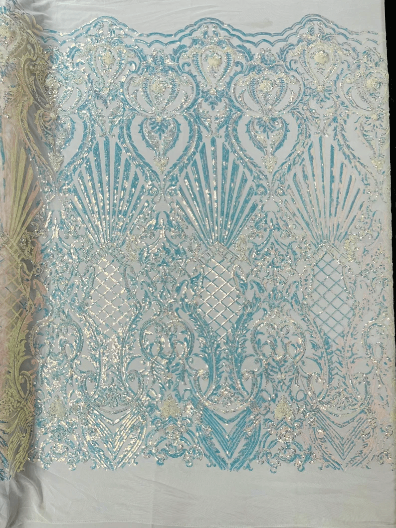 Damask Shiny Sequin Shell Design On a 4 Way Stretch Mesh Fabric -Prom-Sold By The Yard. Aqua Clear Iridescent