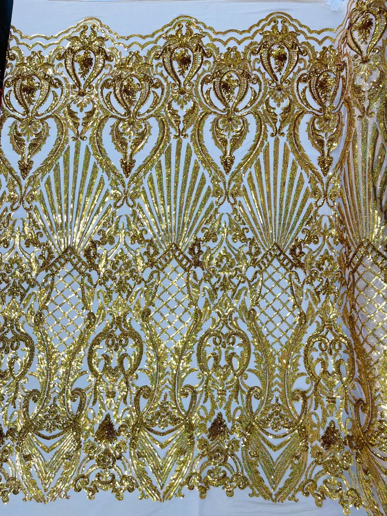 Damask Shiny Sequin Shell Design On a 4 Way Stretch Mesh Fabric -Prom-Sold By The Yard. Gold