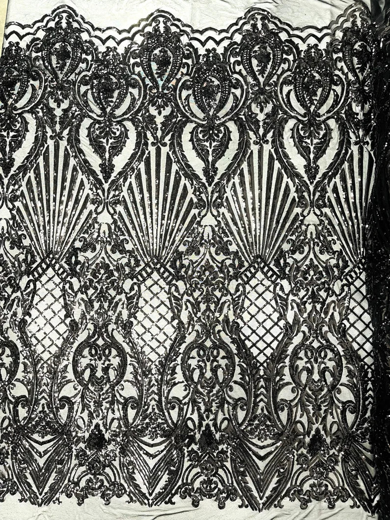 Damask Shiny Sequin Shell Design On a 4 Way Stretch Mesh Fabric -Prom-Sold By The Yard. Black
