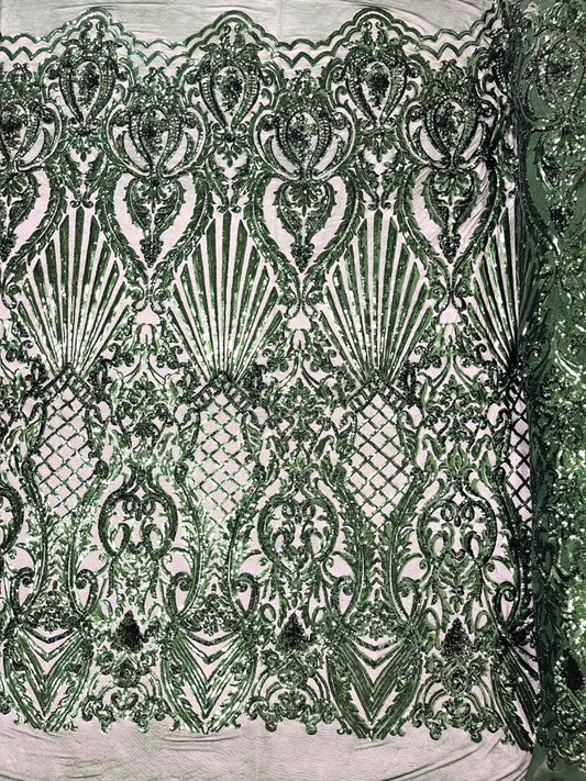 Damask Shiny Sequin Shell Design On a 4 Way Stretch Mesh Fabric -Prom-Sold By The Yard. Hunter