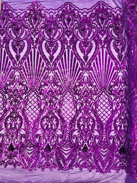 Damask Shiny Sequin Shell Design On a 4 Way Stretch Mesh Fabric -Prom-Sold By The Yard. Purple