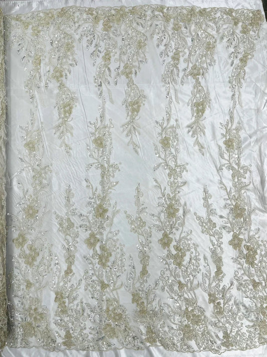 Metallic Floral Embroider and Heavy Beaded On a Mesh Lace Fabric-Sold By The Yard- Ivory