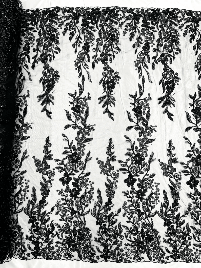 Metallic Floral Embroider and Heavy Beaded On a Mesh Lace Fabric-Sold By The Yard- Black