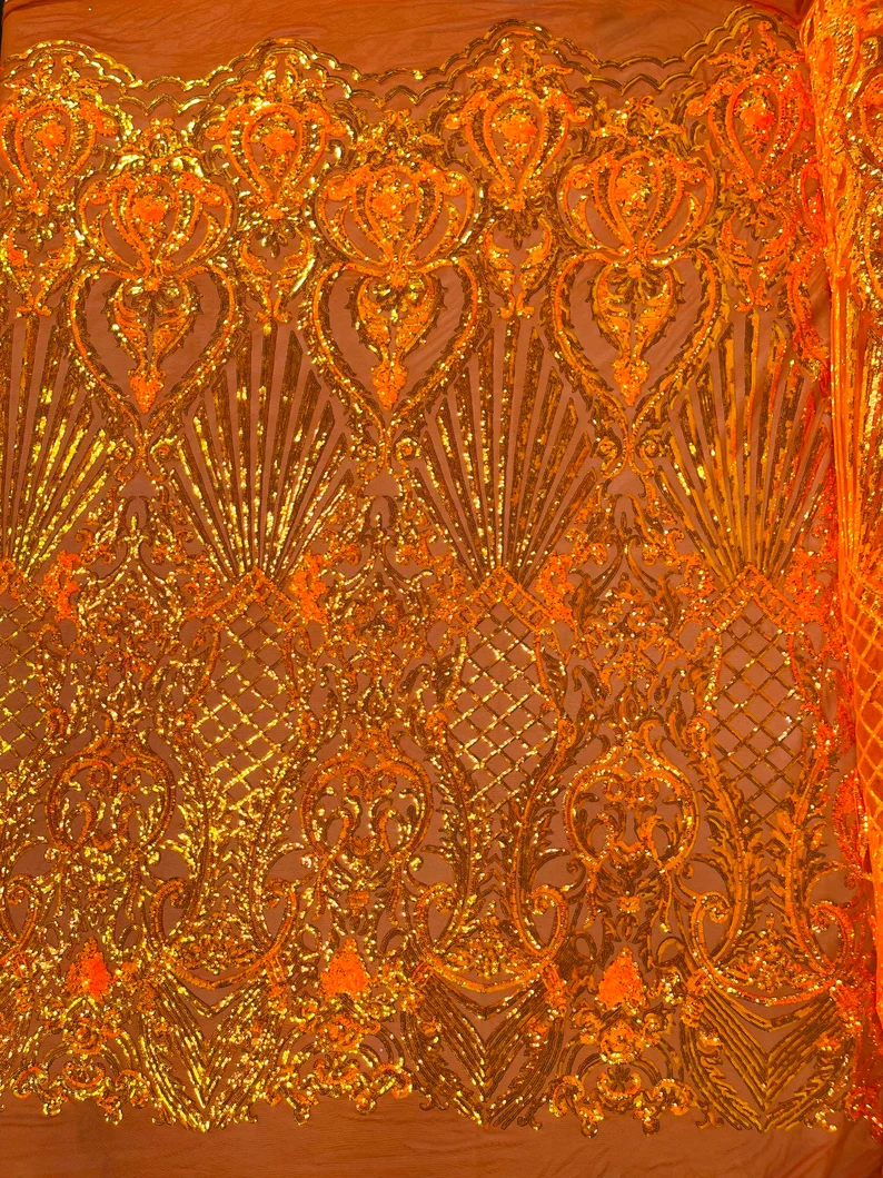 Damask Shiny Sequin Shell Design On a 4 Way Stretch Mesh Fabric -Prom-Sold By The Yard. Orange Iridescent