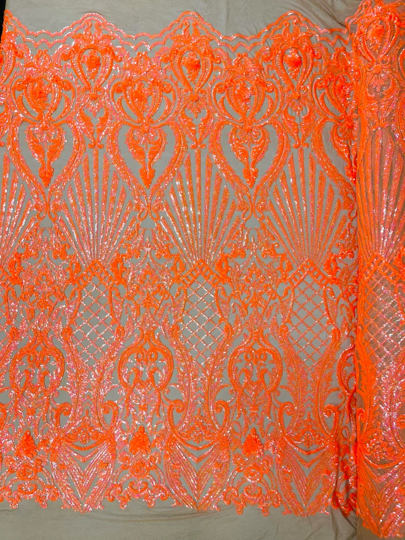 Damask Shiny Sequin Shell Design On a 4 Way Stretch Mesh Fabric -Prom-Sold By The Yard. Orange Nude