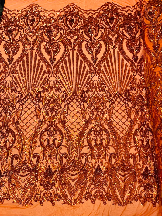 Damask Shiny Sequin Shell Design On a 4 Way Stretch Mesh Fabric -Prom-Sold By The Yard. Burnt Orange