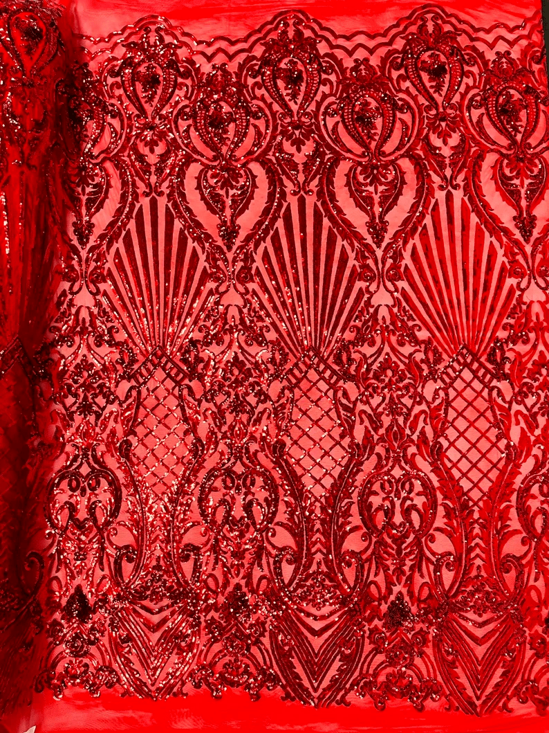 Damask Shiny Sequin Shell Design On a 4 Way Stretch Mesh Fabric -Prom-Sold By The Yard. Red