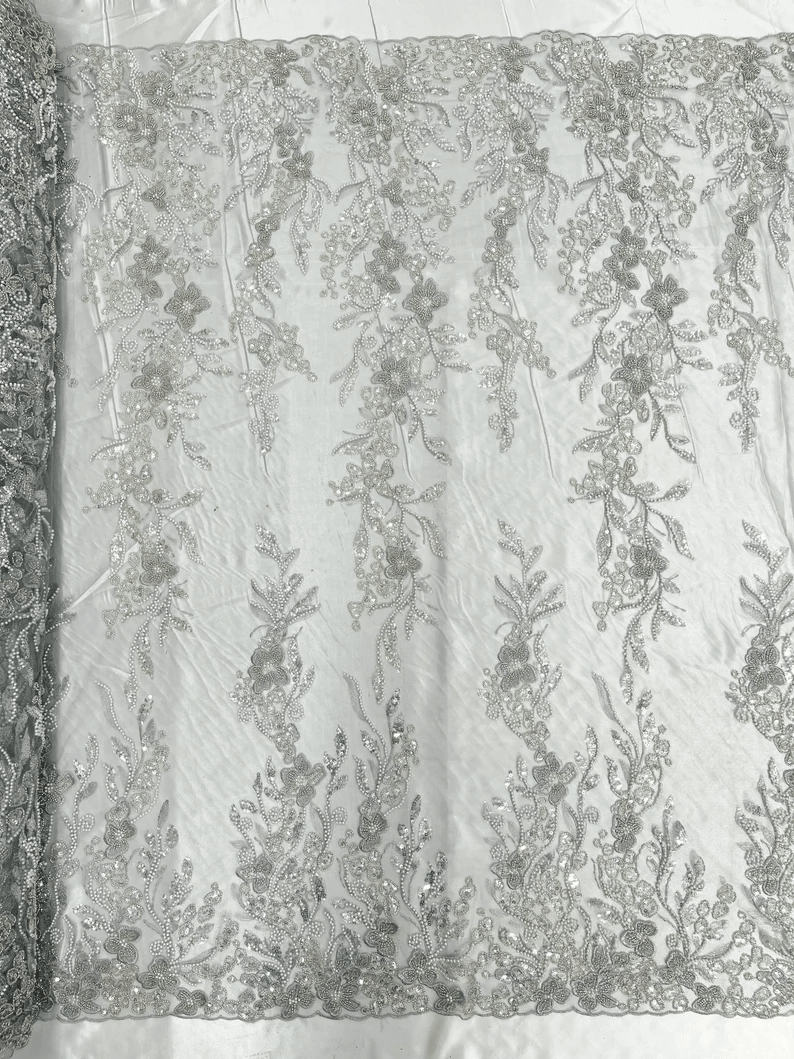 Metallic Floral Embroider and Heavy Beaded On a Mesh Lace Fabric-Sold By The Yard- Silver