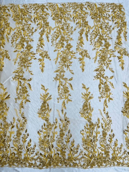 Metallic Floral Embroider and Heavy Beaded On a Mesh Lace Fabric-Sold By The Yard- Gold